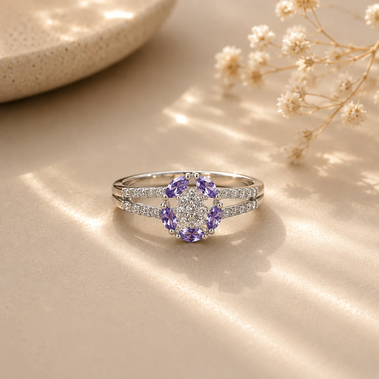 Amethyst Bloom Halo Ring