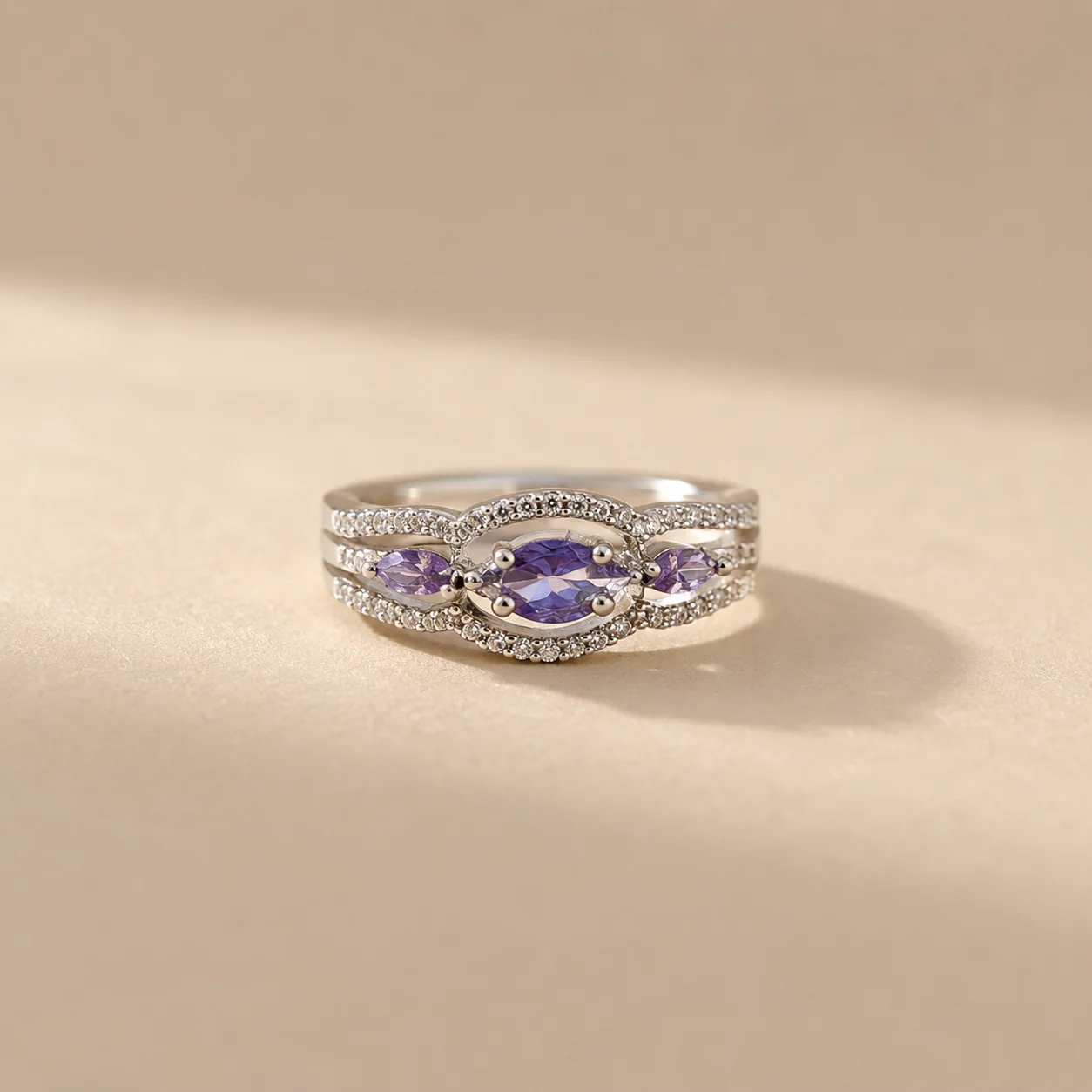 Amethyst Halo Trio Ring