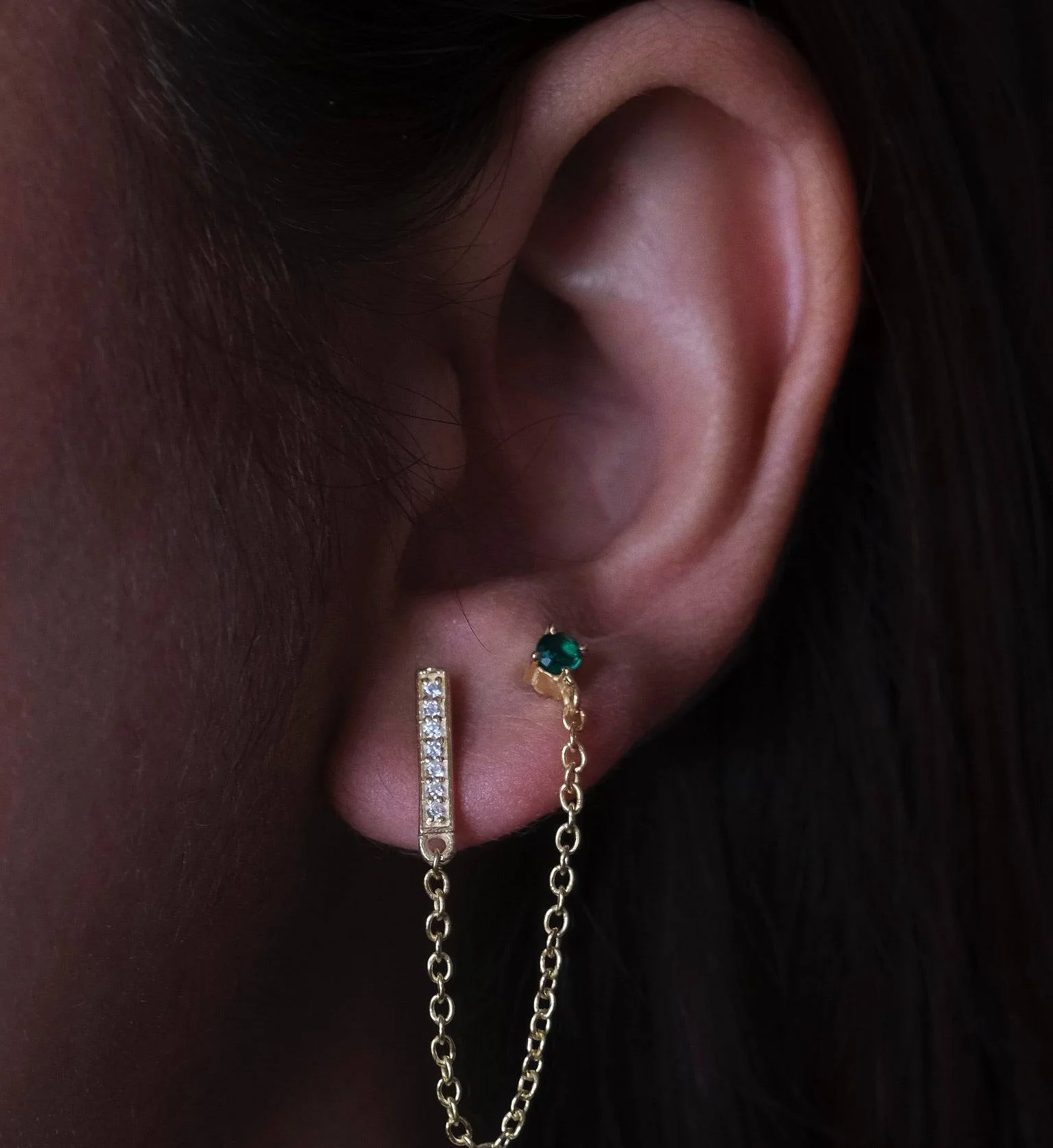 Bar Emerald Chain Earrings - Image 2