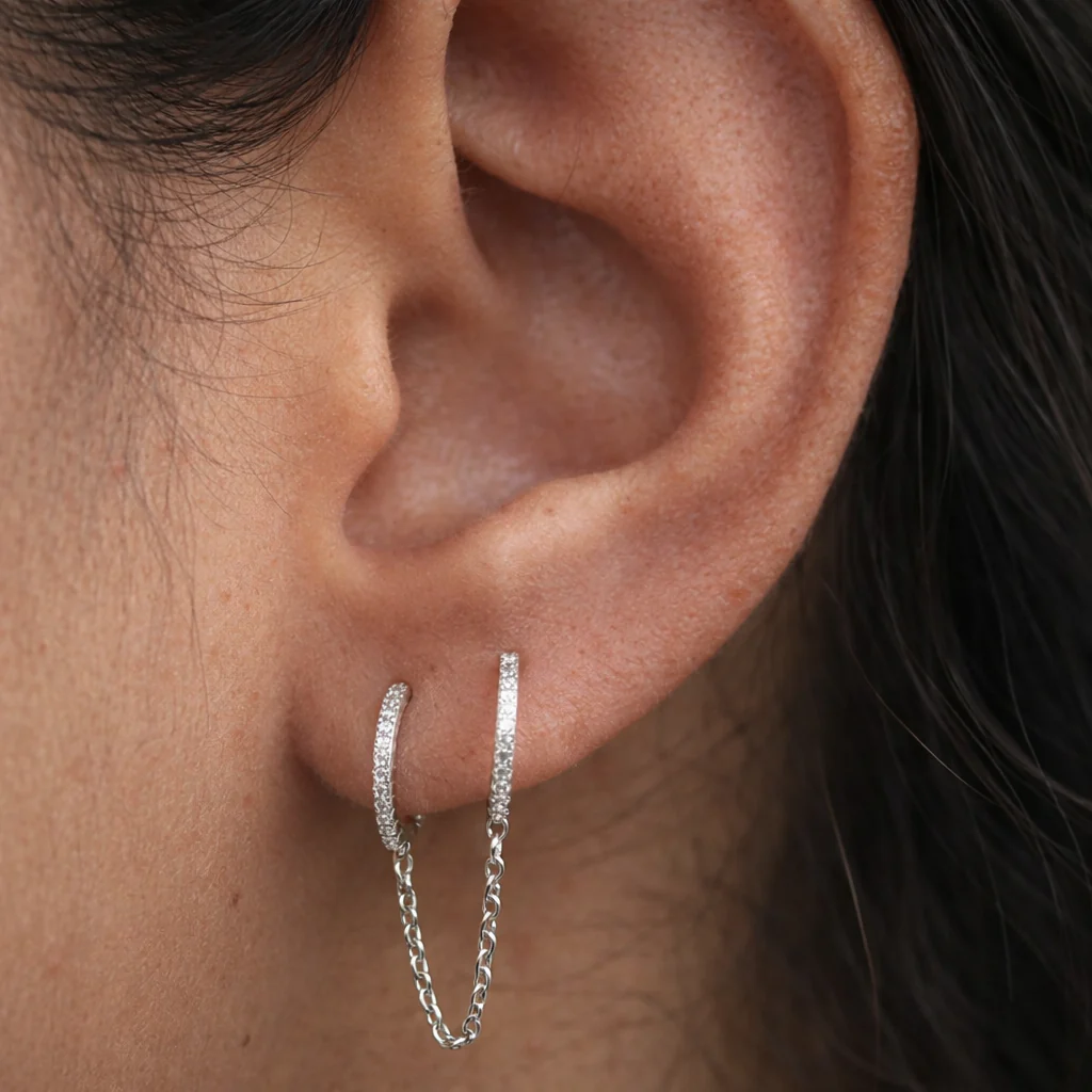 Diamond Hoop Chained Earrings