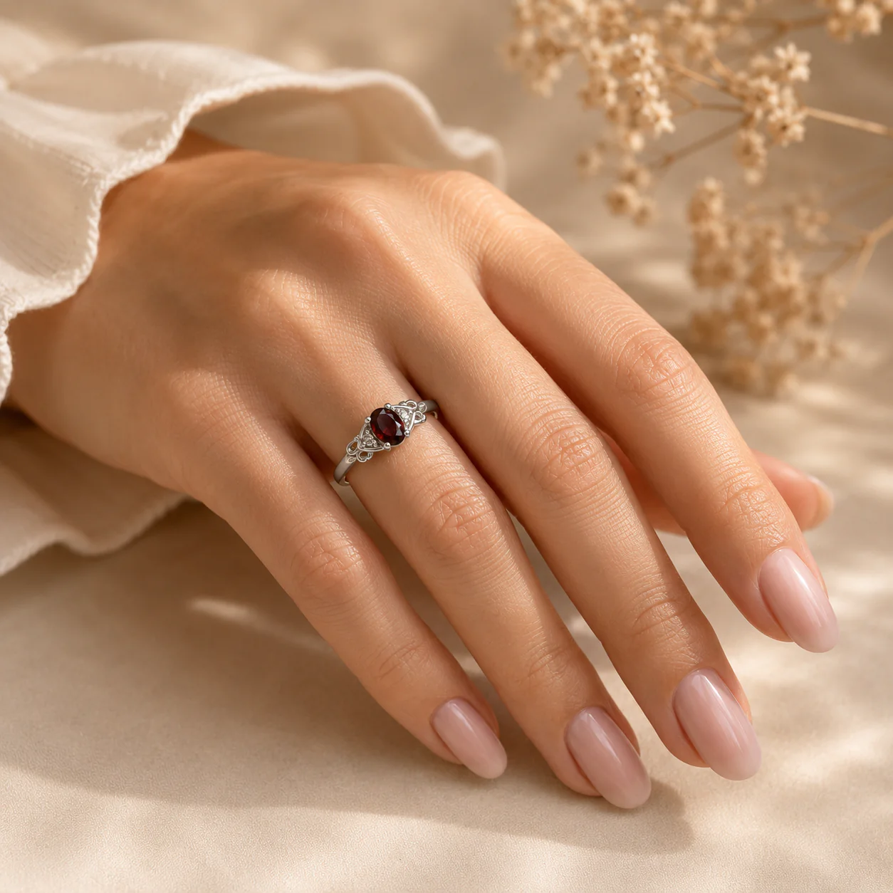Garnet Vintage Scroll Ring