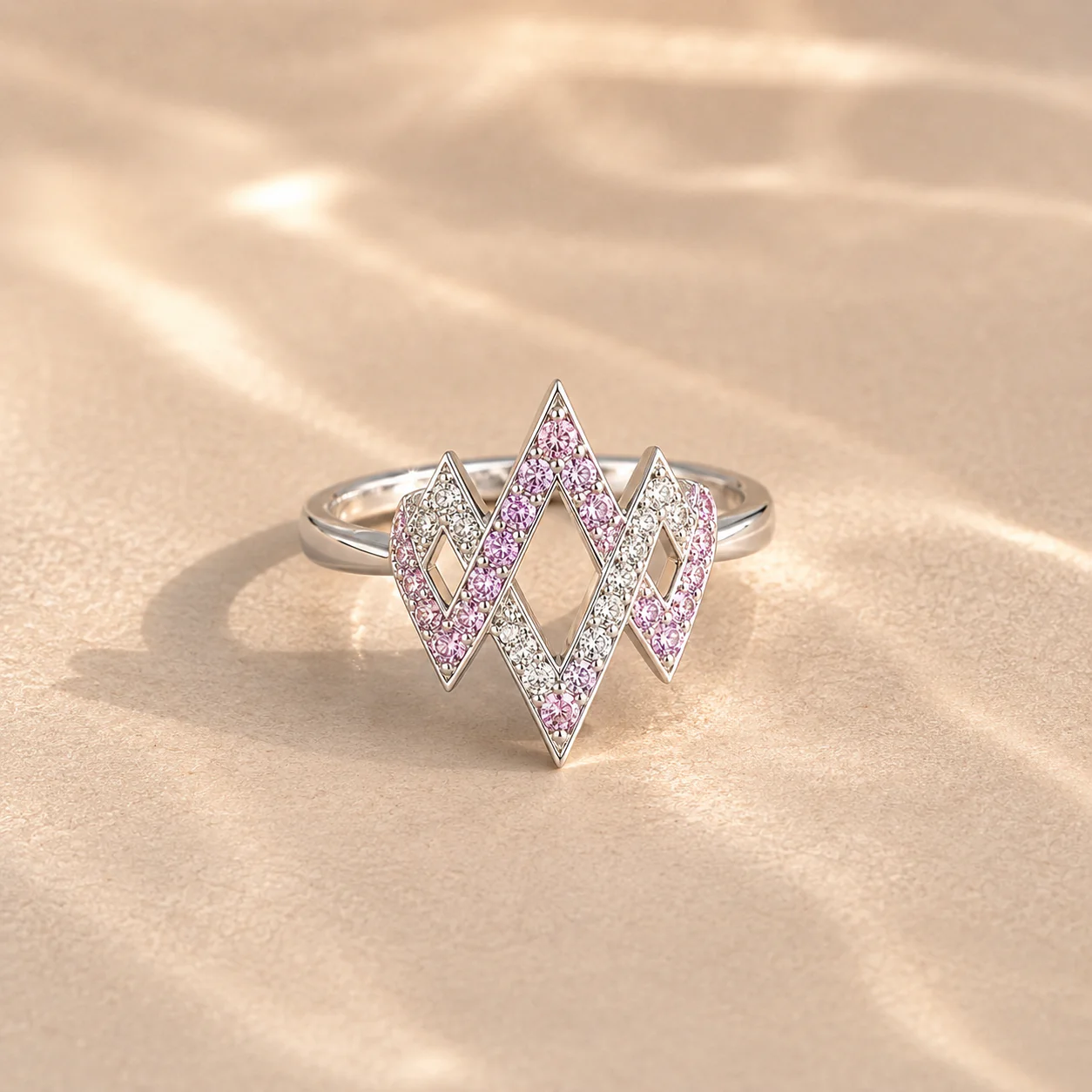 Pink & White CZ Geometric Diamond Ring - Image 3