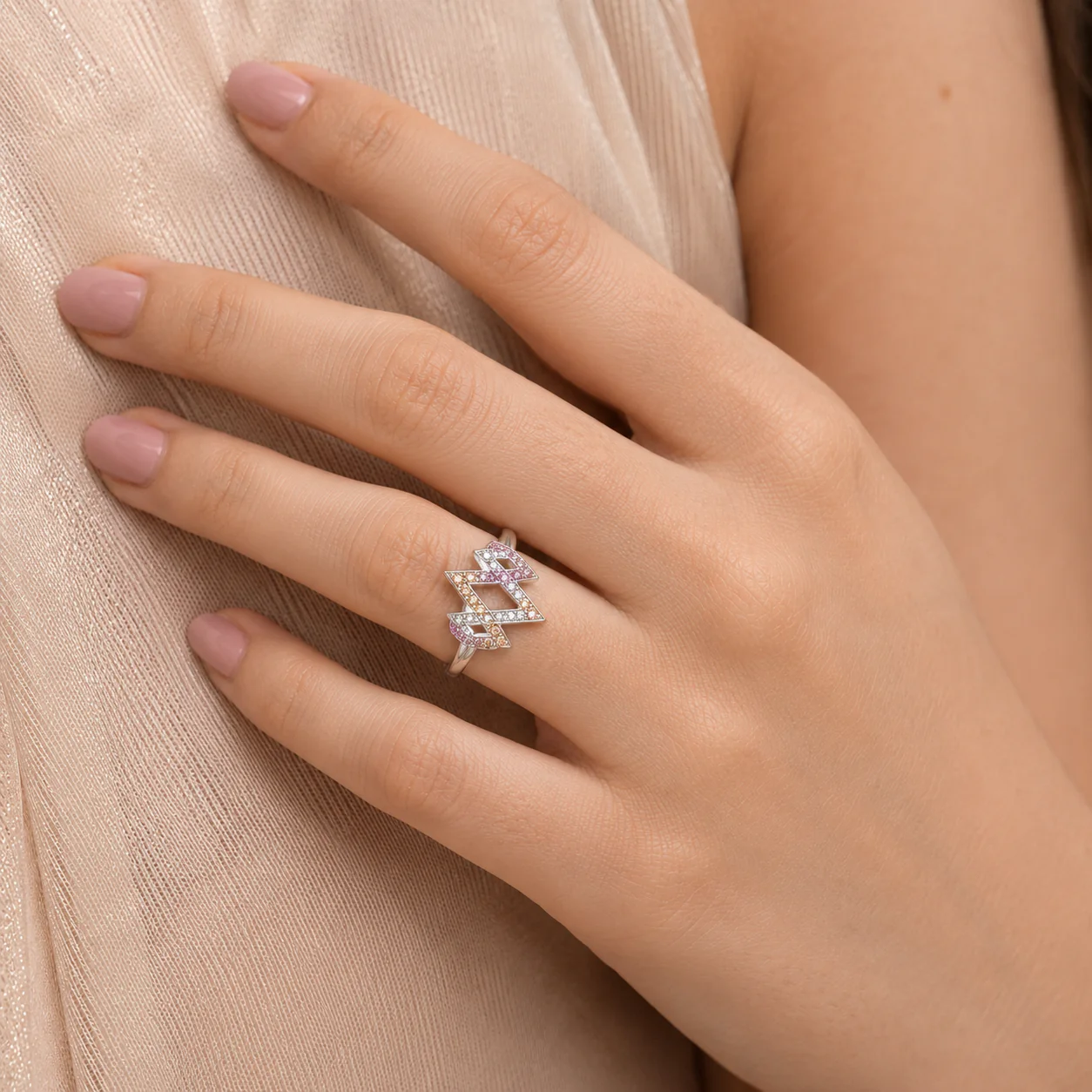 Pink & White CZ Geometric Diamond Ring - Image 4